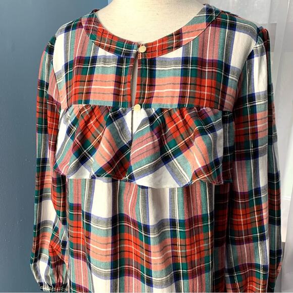 J. Crew Snowy Tartan Plaid Ruffle Popover Top Size Medium - Picture 5 of 9